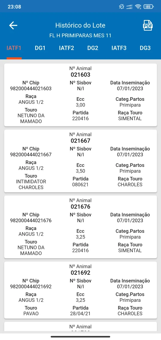 Histórico do lote no Concepto App