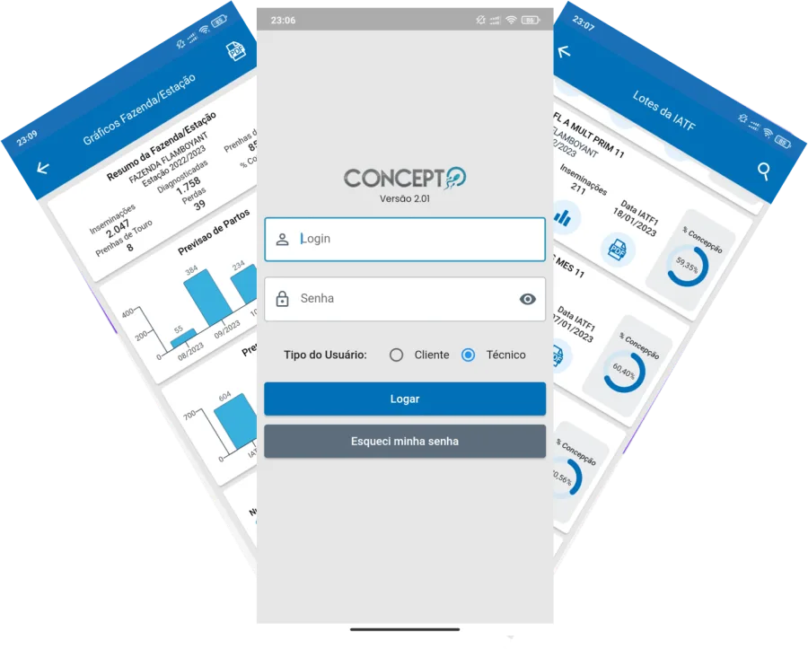Telas do Concepto App: login, lotes da IATF e gráficos da fazenda